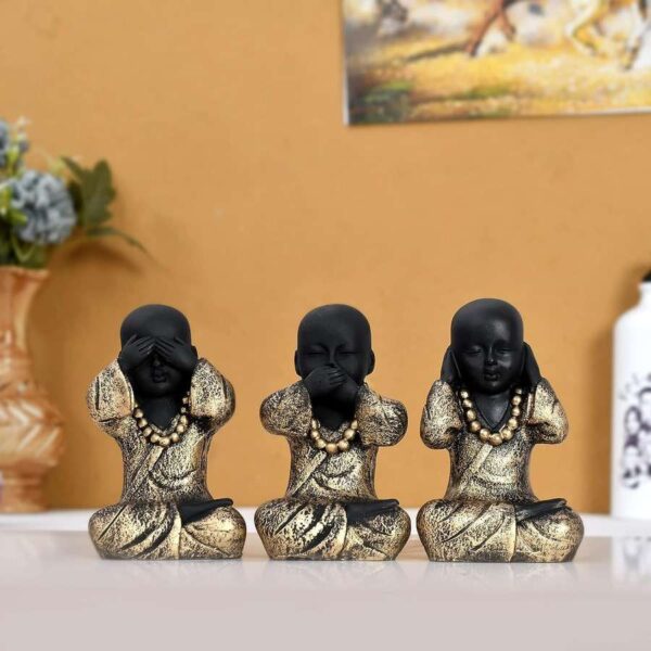 Three Wise Monks Statue Set – Speak No Evil, See No Evil, Hear No Evil | Black & Gold Finish by Saanvi Crafts