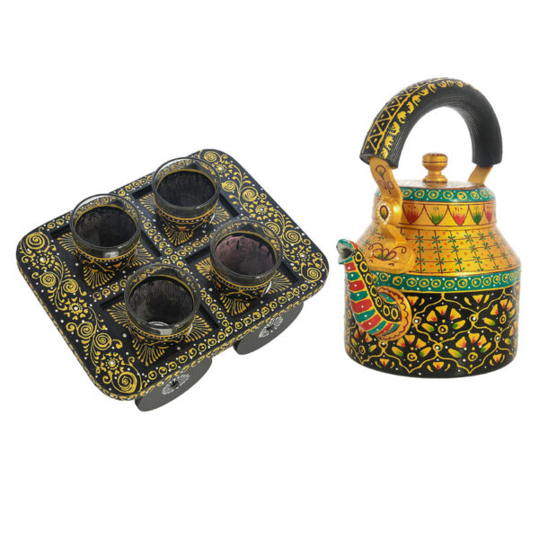 Handcrafted Black & Gold Tea Kettle Set with 4 Glasses and Ornate Wooden Cart Tray – Royal Rajasthani Art