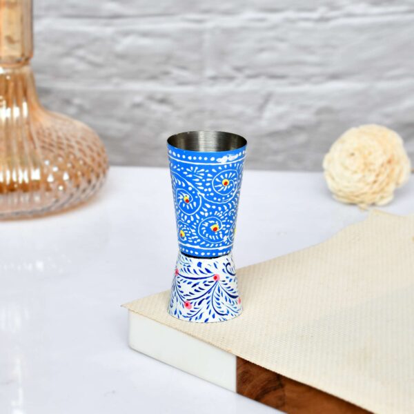 Hand-Painted Blue Stainless Steel Jigger – Dual-Sided Bar Measuring Tool with Floral Design