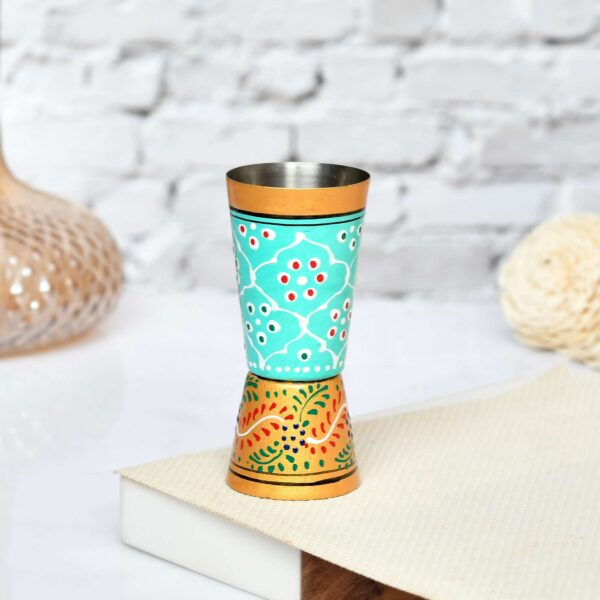 Hand-Painted Aqua Stainless Steel Jigger – Dual-Sided Bar Tool with Paisley & Floral Art