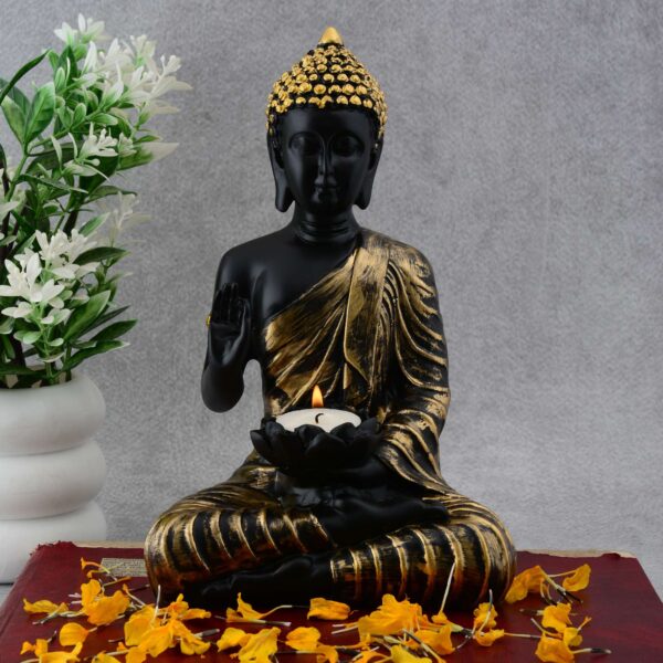 Black & Gold Buddha Idol with Tealight Holder | Divine Meditation Decor by Saanvi Crafts
