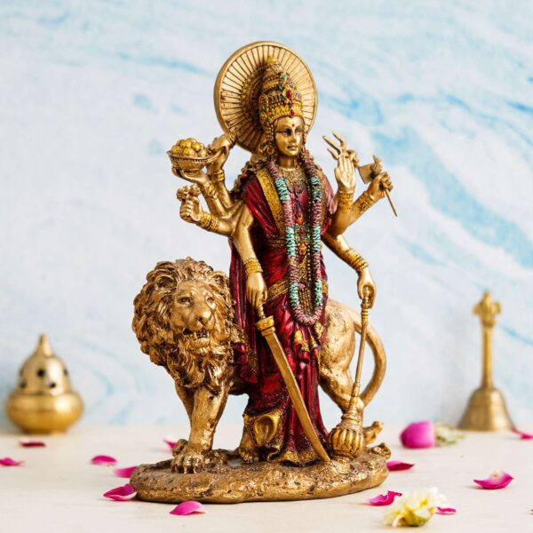 Goddess Durga Idol on Lion – Multi-Arm Hand-Painted Divine Statue